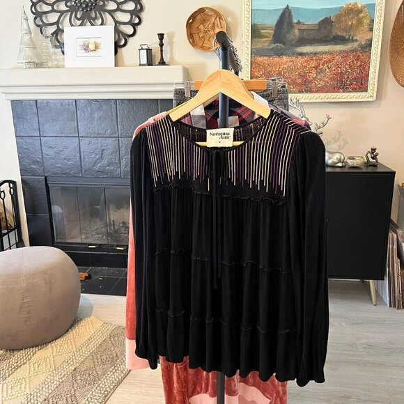 Savanna Jane Blouse Womens Size Medium Black Tiered Colorful Embroidered Stripes - Picture 15 of 15